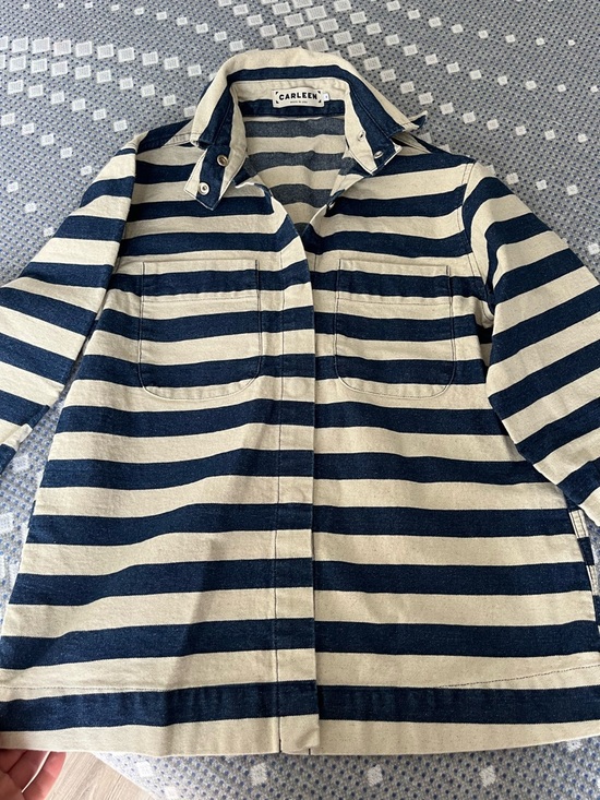 Carleen Jackets & Blazers - Carleen Navy and Cream Striped Button-Down Shirt Jacket